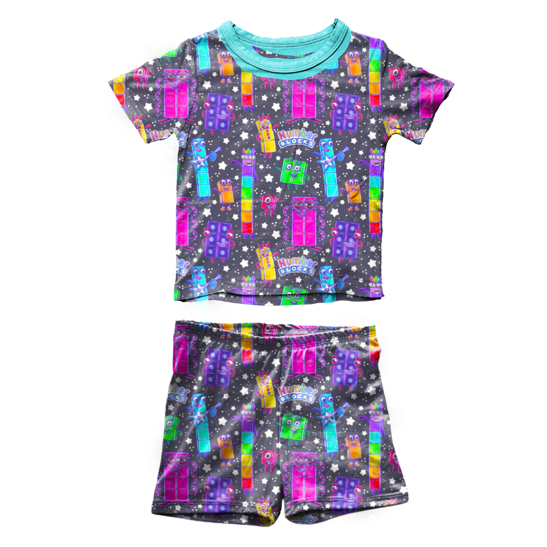 Blocks of Numbers - Snugg - Kid's Short Sleeve Pajama Short Set - Bamboo - PRE ORDER