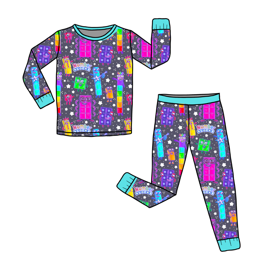 Blocks of Numbers - Slumber - Kid's Long Sleeve Pajama Pants Set - Bamboo - PRE ORDER