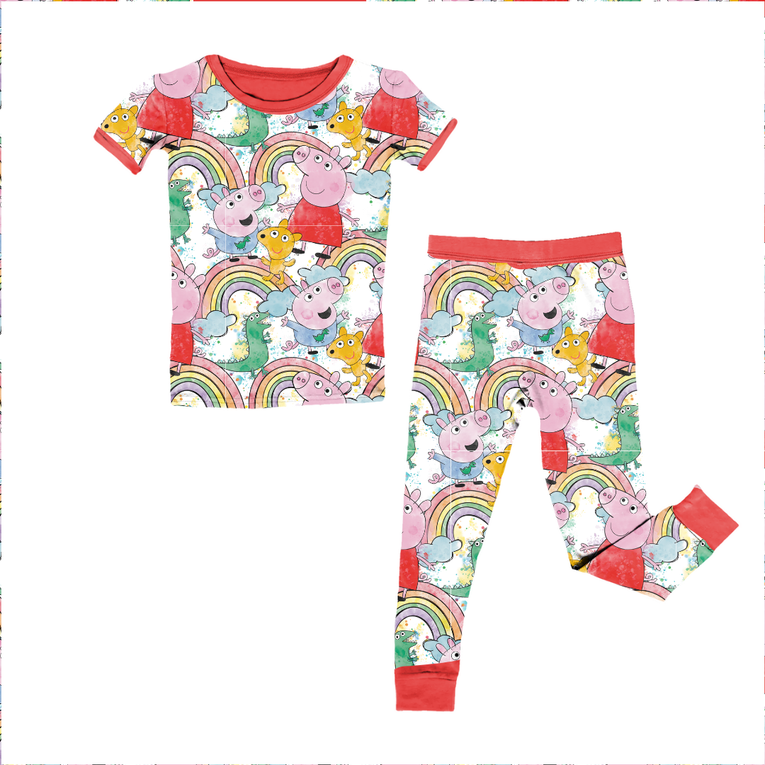 Rainbow Pig - Cozi Short Sleeve Pajama Pants Set - Bamboo - (Ready to Ship)