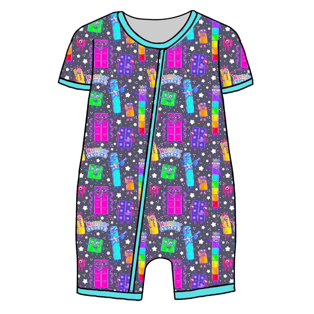 Blocks of Numbers - Bliss - Kid's Short Sleeve Sleeper - Bamboo - PRE ORDER