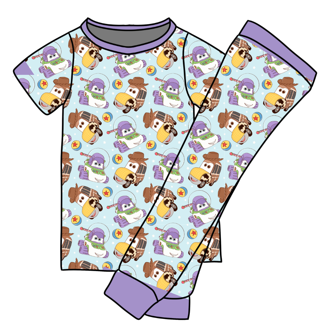 Andy's Toy Cars - Cozi Short Sleeve Pajama Pants Set - Bamboo - (Ready to Ship)